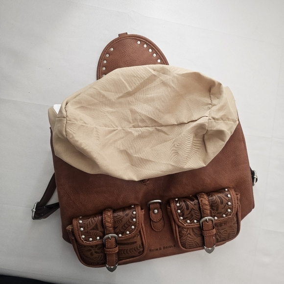 Rein & Bridle Tooled Vegan Leather Backpack Brown Western Boho Studded - Picture 4 of 13